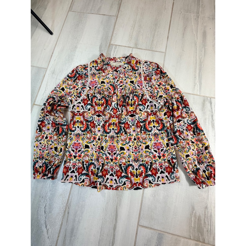 LOFT Womens Paisley Floral Ruffle Neck Balloon Sleeve Blouse Multi Color Medium